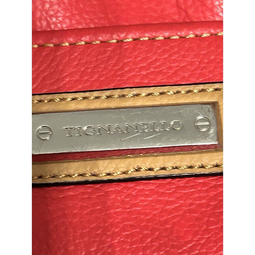 Tignanello Red Beige Pebbled Faux Leather Satchel Tassel Zip Pockets - Picture 2 of 10